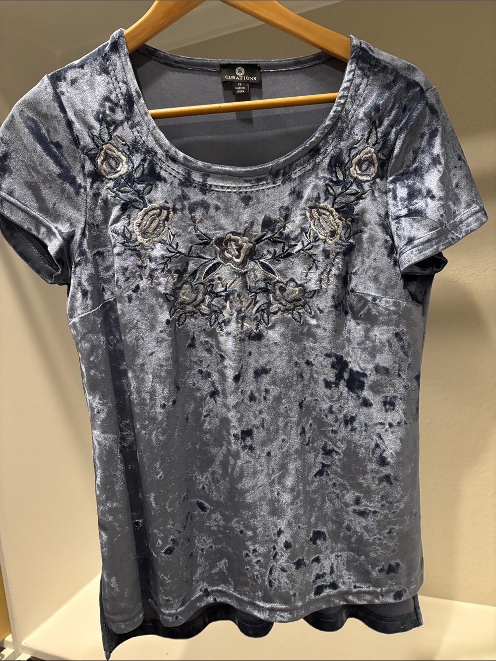 Curations Blue Crushed Velvet Embroidered Short Sleeve Tee